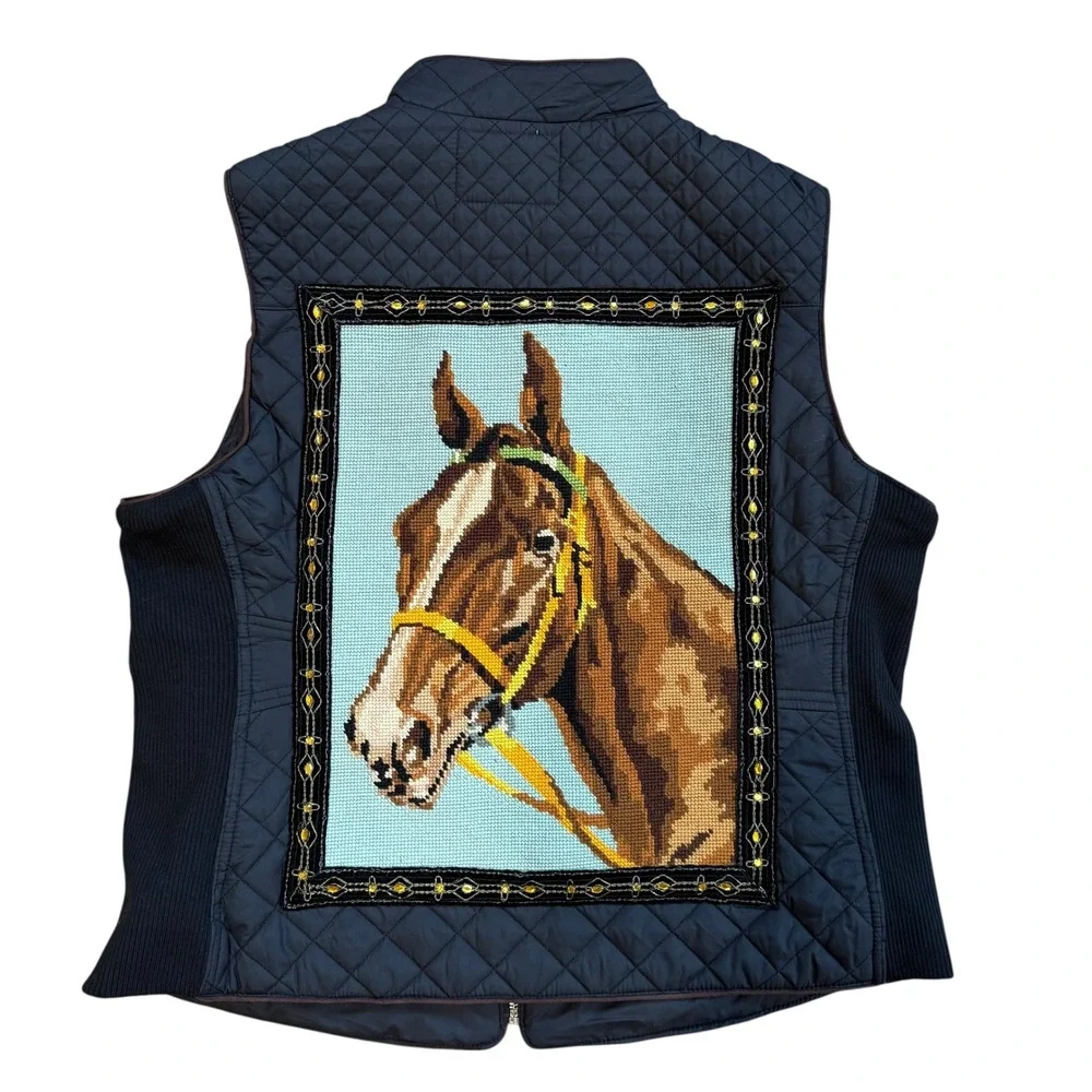 Lesal Upcycled Quilted Vest Horse Tapestry Equestrian Black XXL‎